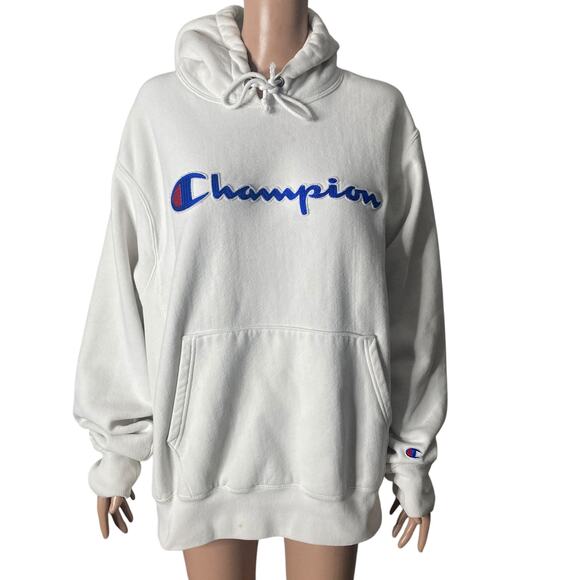 Vintage Champion Reverse Weave Hoodie L White Patch Kangaroo Pocket Spell Out - Picture 1 of 16